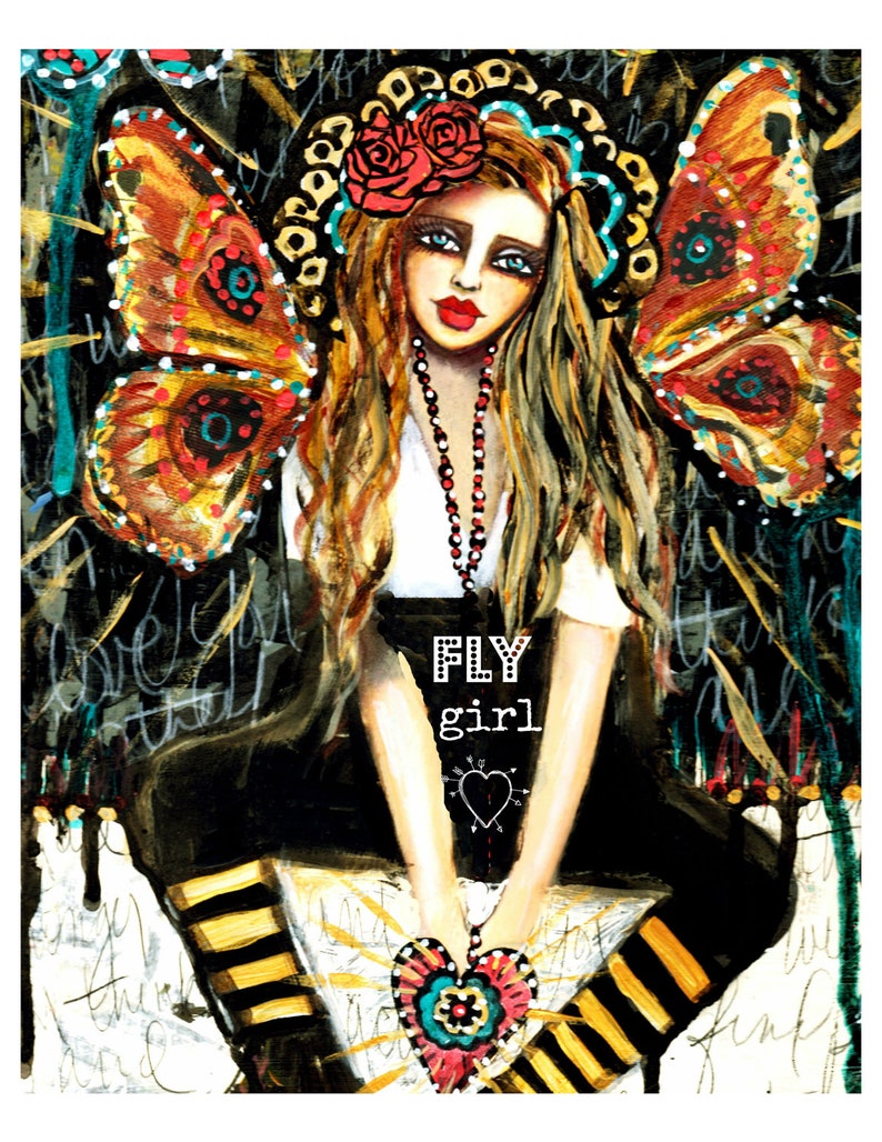 Fly Girl' fine art print of a mixed media painting by Lisa image 0