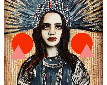 May include: A painting of a woman with long dark hair wearing a blue and white headdress with a red and white geometric pattern. The woman has a serious expression and is wearing a blue and white patterned shirt. The background is a textured gold color with two red circles and two pink triangles. The text "LOVE IS THE ANSWER" is written in a red banner at the bottom of the painting.