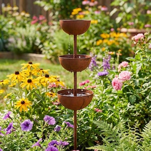 Può includere: Una fontana in metallo marrone arrugginito a tre livelli con ciotole, situata in un giardino. L'acqua scorre a cascata da ogni ciotola, creando un effetto tranquillo. Il giardino presenta una varietà di fiori colorati, tra cui fiori gialli, rosa e viola.