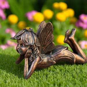 Sleeping Fairy Garden Statue,Resin Fairy Garden Ornament, Whimsical Garden Figurine, Copper Fairy Sculpture