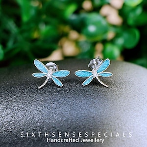 S925 Sterling Silver Blue Enamel Dragonfly Stud Earrings, Delicate and Elegant Jewelry