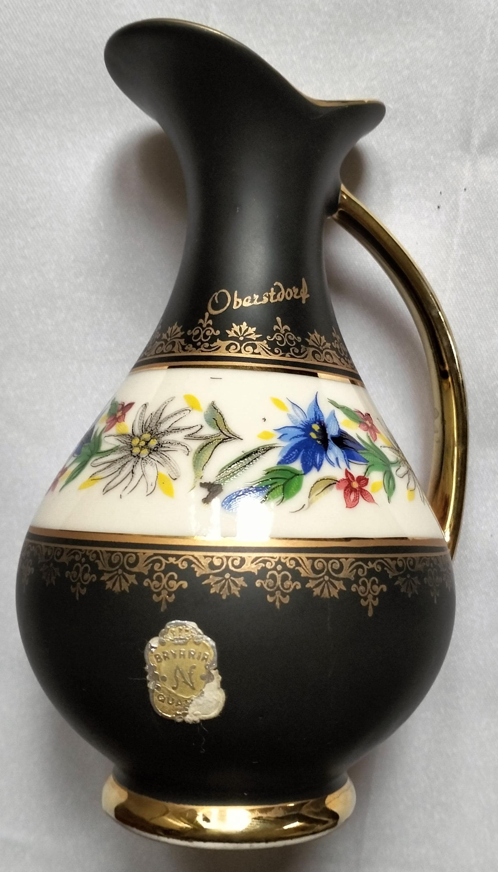 濃紺陶器製花瓶 金色装飾 22金使用