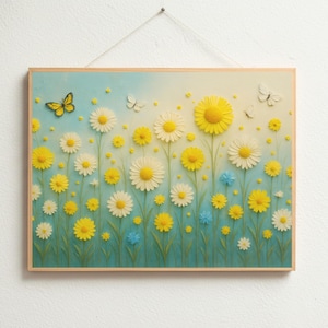 May include: A framed artwork featuring a field of daisies and butterflies. The daisies have white petals and yellow centers, with some yellow daisies. Butterflies in yellow and white flutter above the flowers. The background is a gradient of blue and yellow.