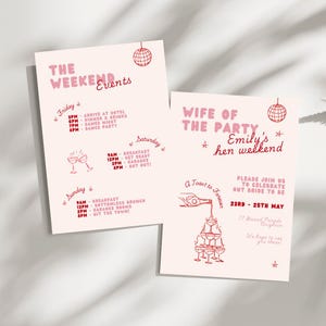 Plantilla de invitación de fin de semana para despedida de soltera, itinerario de despedida de soltera, plantilla editable de Canva, descarga digital, despedida de soltera rosa y roja