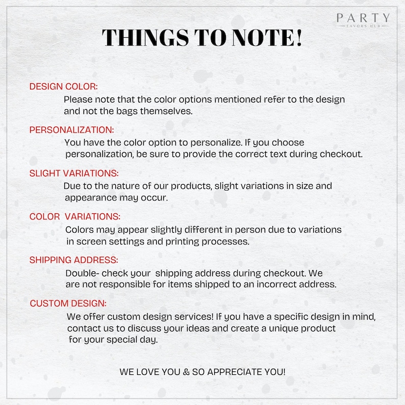 Puede incluir: Un documento de texto blanco con el t&iacute;tulo "Cosas a tener en cuenta!" y una lista de informaci&oacute;n importante para los clientes. El texto incluye detalles sobre el color del dise&ntilde;o, la personalizaci&oacute;n, las ligeras variaciones, las variaciones de color, la direcci&oacute;n de env&iacute;o y el dise&ntilde;o personalizado.