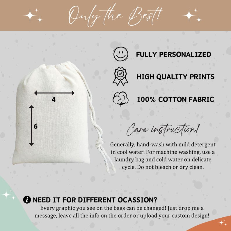 Puede incluir: Una bolsa de algod&oacute;n blanco con cord&oacute;n de ajuste, con una medida de 15 cm por 10 cm marcada en ella. La bolsa se muestra sobre un fondo marr&oacute;n claro con el texto "Only the Best!" y otros detalles sobre la bolsa, como "Totalmente personalizada", "Impresiones de alta calidad" y "100% algod&oacute;n".