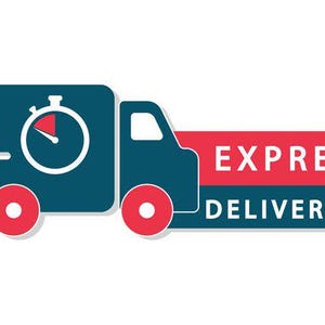May include: A blue delivery truck with a red timer icon and the words "EXPRESS DELIVERY" in red and blue text.