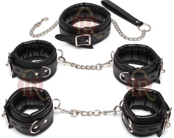 Luxurious Black Leather Restraint Set, Collar, Wrist & Ankle Cuffs