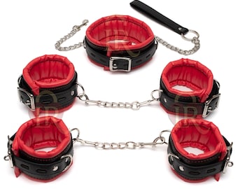 Leather Restraint Set, Red & Black Collar, Cuffs, Premium Kit