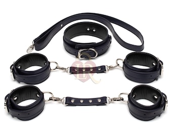 Dark Blue Leather Restraint Set, Handmade Collar & Cuffs