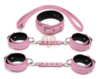 Luxury Pink Leather Restraint Set, Collar & Cuffs, Handmade Bondage Gear