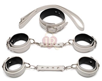 White Leather Restraint Set, Collar, Cuffs, Handmade Bondage Gear