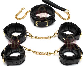 Black Leather Restraint Set, Collar, Wrist & Ankle Cuffs
