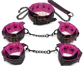 Black & Pink Leather Restraint Set, Collar, Cuffs, Leash