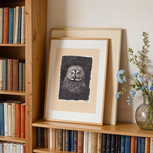 Black and white illustrated Owl Print (unframed) - moody owl sketch for smart home decor - unique wildlife art - hand drawn owl wall art