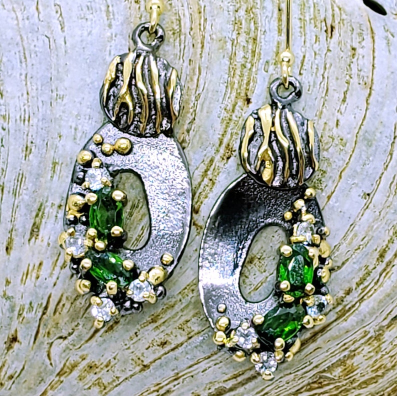 Sterling silver two tone metal gemstone green tourmaline earrings tourmaline dangle earrings bench silver and silver vermeil jewelry