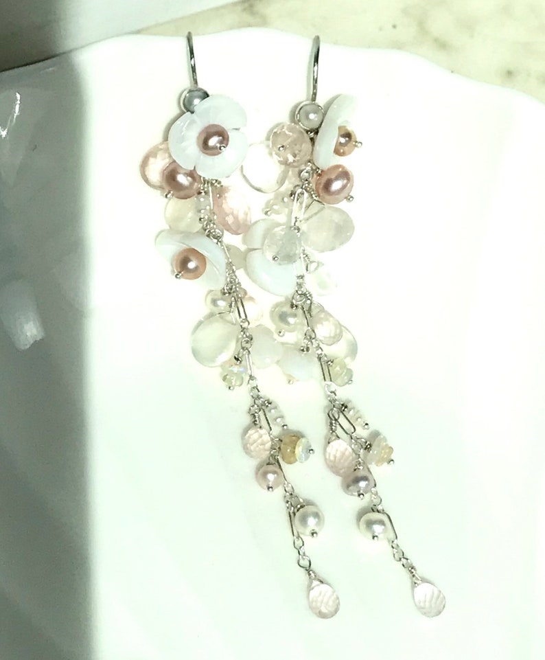 rose quartz Cherry blossom long vine chandelier earring in OX sterling silver Mother of pearl culture pearl opal.