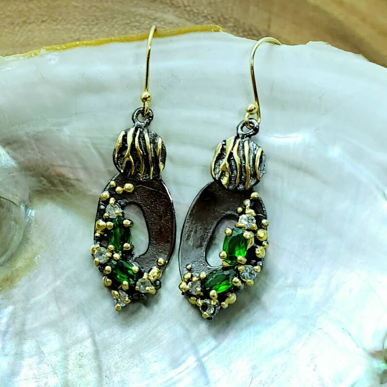Sterling silver two tone metal gemstone green tourmaline earrings tourmaline dangle earrings bench silver and silver vermeil jewelry