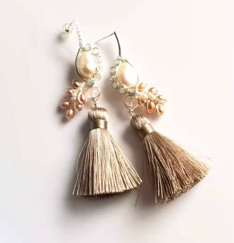 rose quartz. culture pearl cluster aquamarine Wire work tassle dangle earrings