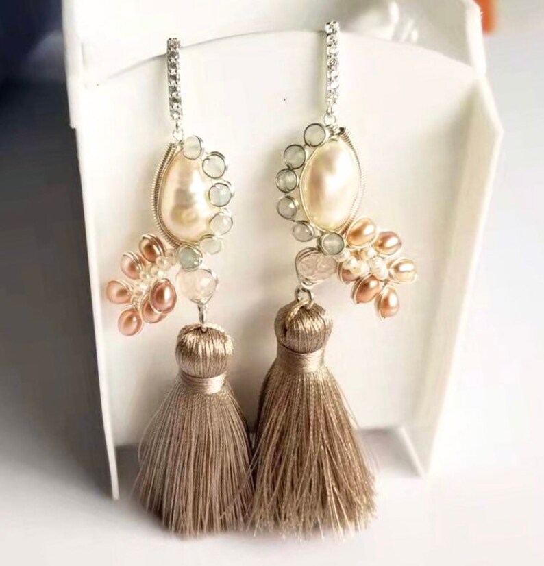 rose quartz. culture pearl cluster aquamarine Wire work tassle dangle earrings