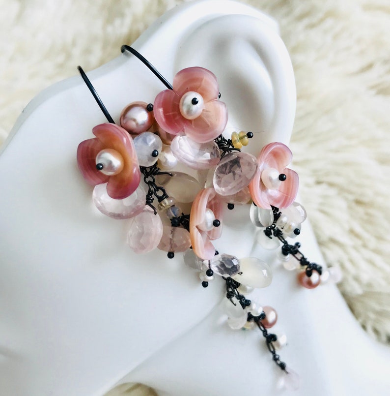 rose quartz Cherry blossom long vine chandelier earring in OX sterling silver Mother of pearl culture pearl opal.