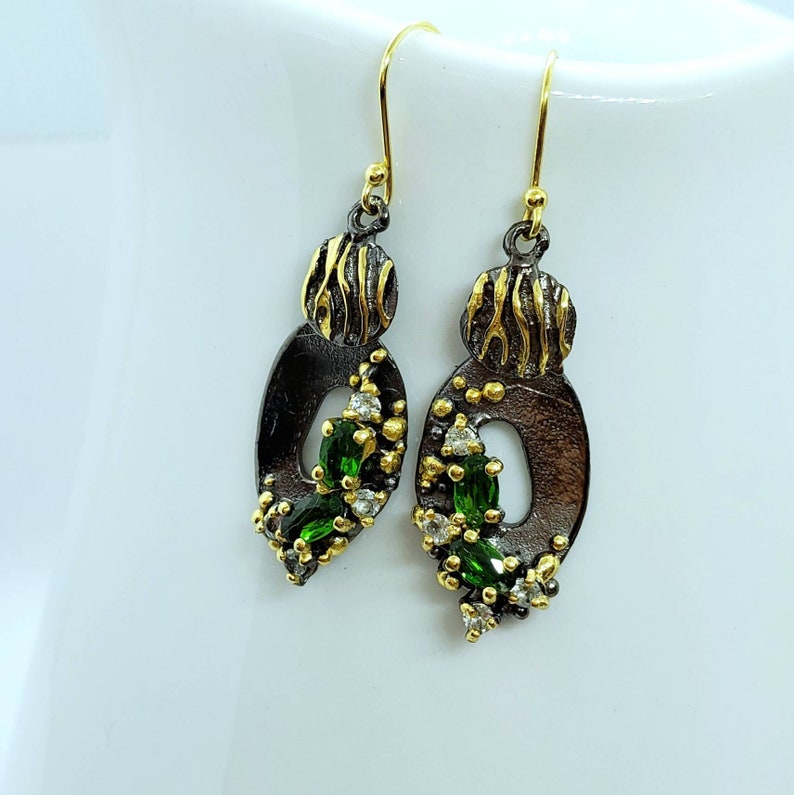 Sterling silver two tone metal gemstone green tourmaline earrings tourmaline dangle earrings bench silver and silver vermeil jewelry