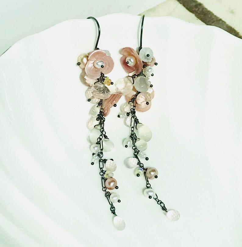 rose quartz Cherry blossom long vine chandelier earring in OX sterling silver Mother of pearl culture pearl opal.