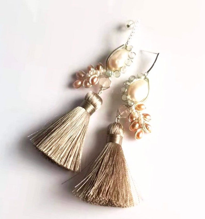 rose quartz. culture pearl cluster aquamarine Wire work tassle dangle earrings