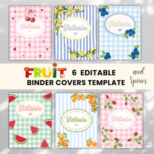 May include: Six editable binder covers and spines featuring fruit themes including cherries, lemons, blueberries, watermelon, oranges, and strawberries. Each cover displays a central scalloped label with the text Victoria 3A.