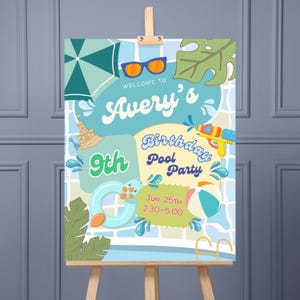 May include: A pool party sign on an easel. The sign reads "Welcome to Avery's 9th Birthday Pool Party" with illustrations of a beach ball, water gun, and pool float. The date and time are also included.
