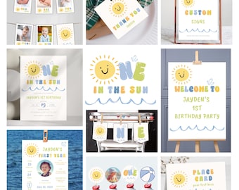 May include: A collection of birthday party stationery featuring a yellow sun graphic, blue wave illustrations, and pastel lettering. Items include photo banners, thank you tags, welcome signs, invitations, milestone boards, cupcake toppers, and place cards.