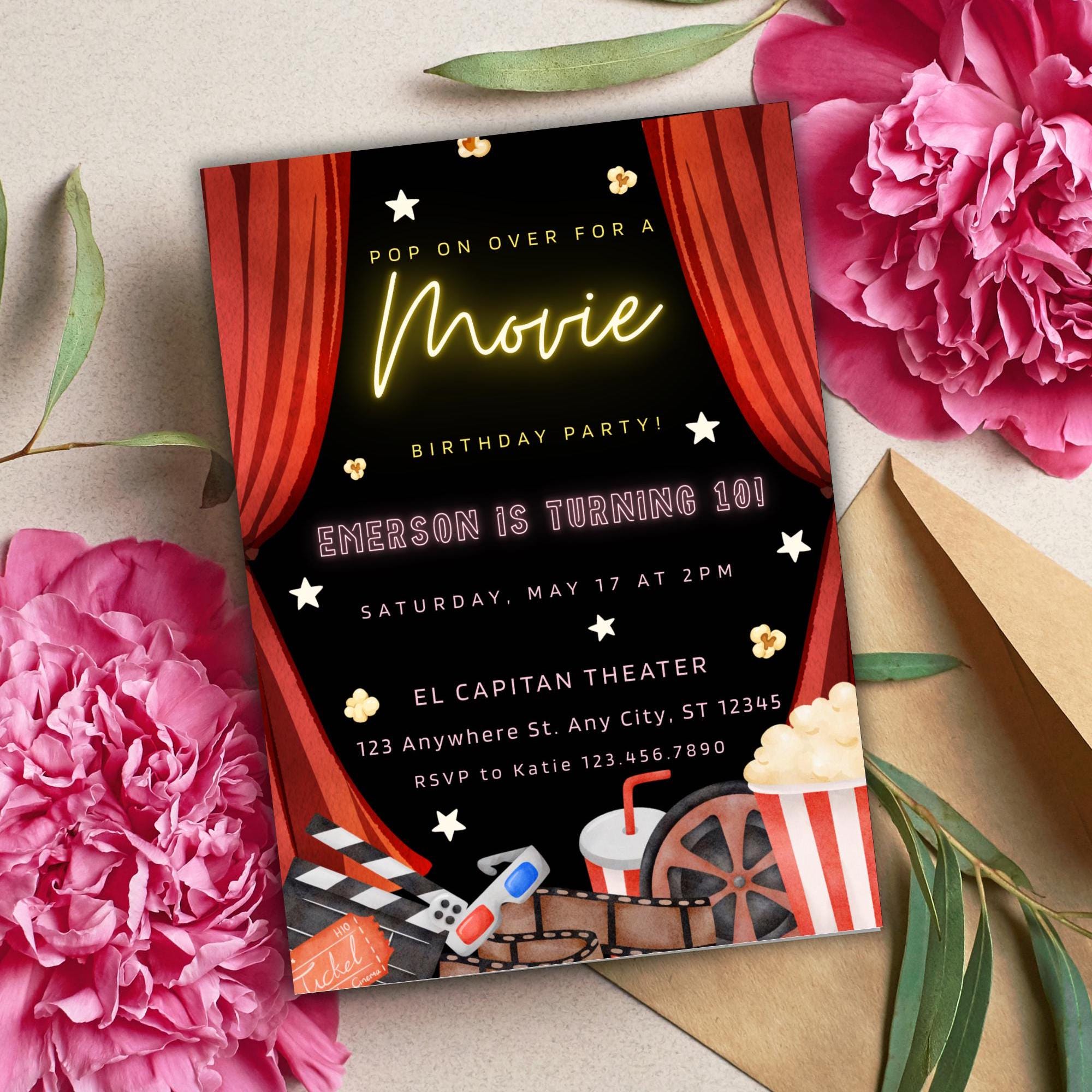 Movie Birthday Party Invitation Template, Editable Cinema Birthday ...