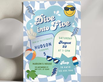 May include: A rectangular birthday invitation card with a light blue and white checkered background. The text reads Dive into Five, Hudson Turning 5, Saturday August 23 at 1-3PM, and RSVP to Katie 123.456.7890. Graphics include a smiley face, beach ball, turtle, and sunglasses.