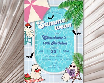 May include: A rectangular invitation card featuring a swimming pool graphic with ghosts, palm leaves, and a pink umbrella. Text reads: Please join us for a Summerween to celebrate Charlotte's 10th Birthday, Saturday July 23, 3PM, Charlotte's House, 123 Anywhere St. Any City, ST 12345, RSVP to Katie 123.456.7890.
