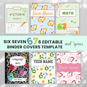 Peut inclure: Six modèles de couvertures de classeurs modifiables. L'un affiche "Victoria Room 12". Un autre présente "Your Name" sur fond bleu avec des graphiques "67" répétés. D'autres couvertures incluent "Math" et "Language Arts".