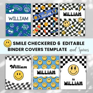 May include: Six editable binder covers and spines featuring chequered patterns, smiley faces, skateboards, and lightning bolts. The designs include the name William or Taylor and text such as LETS GO, COOL, and 3A. The colour palette includes blue, black, white, and yellow.