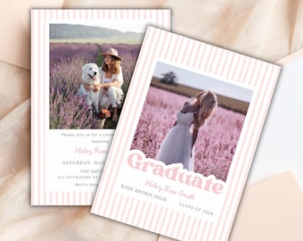 Pink Stripes Graduation Announcement Template, Editable Preppy Stripe Photo Senior Grad Party Invite for Girl (Digital Download)