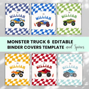 May include: Six editable binder covers featuring monster truck illustrations, checkered patterns in blue, green, yellow, red, and light blue, and the text "3A WILLIAM" printed on each. The design includes various monster truck styles.