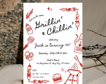 Editable BBQ Birthday Invitation Template, Fun Doodle Grillin and Chillin, Summer Cookout Invite, Backyard BBQ Party