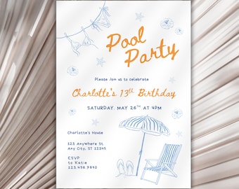 Hand Drawn Pool Party Birthday Invitation, Editable Doodle Beach Party Invite Template, Summer Beach Theme Birthday Invite, Swimming Party