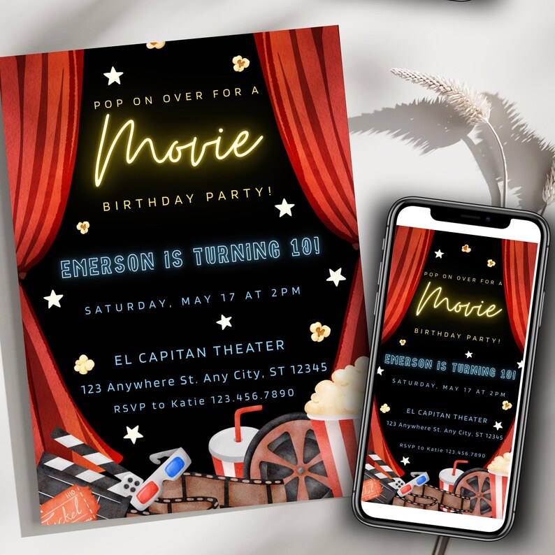 Movie Birthday Party Invitation Template, Editable Cinema Birthday ...