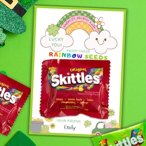 Presentes para festa escolar do Dia de São Patrício para impressão, cartão de guloseimas do Dia de São Patrício para crianças, porta-doces editável para amigos da escola, cartão de sementes de arco-íris