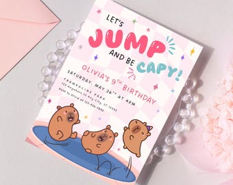Editable Capybara Trampoline Birthday Party Invitation, Jump Capy Birthday Invitation Template for Girls