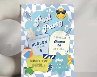 May include: A rectangular pool party invitation card featuring a light blue and white checkered background. The text reads Pool Party, Hudson Turning 5, Saturday August 23 at 1-3PM, and RSVP to Katie 123.456.7890. Graphics include a smiley face, beach ball, turtle, and water gun.