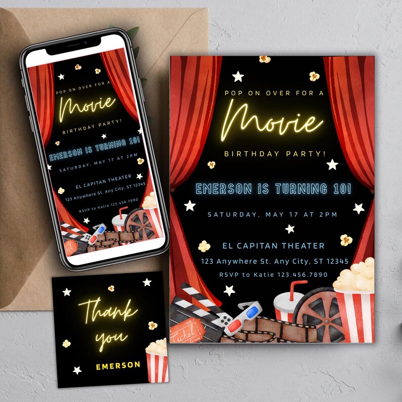 Movie Birthday Party Invitation Template, Editable Cinema Birthday ...