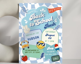 May include: A rectangular Back to School Bash invitation card featuring a light blue and white checkered background. The design includes illustrations of a yellow school bus, a red apple, a smiley face with sunglasses, a popsicle, and lightning bolts.