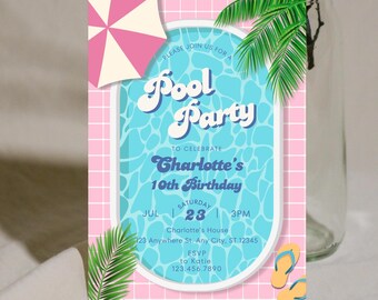 Pink Pool Party Birthday Invitation, Editable Pool Party Invite Template, Summer Birthday Invite, Swimming Party