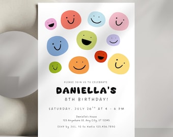 Colorful Smiley Face Birthday Party Invitation Template, Editable Cute Smile Invite, Girl's Rainbow Emoji Birthday Party