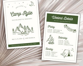 Camp Bachelorette Itinerary Template Editable Weekend Schedule Glamping Party Agenda Camp Bride Itinerary Lake Bachelorette