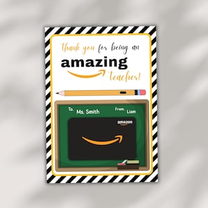 Tarjetero imprimible de Amazon para maestros de fin de año, regalo de agradecimiento para el último día de clases, tarjeta de agradecimiento para maestros.